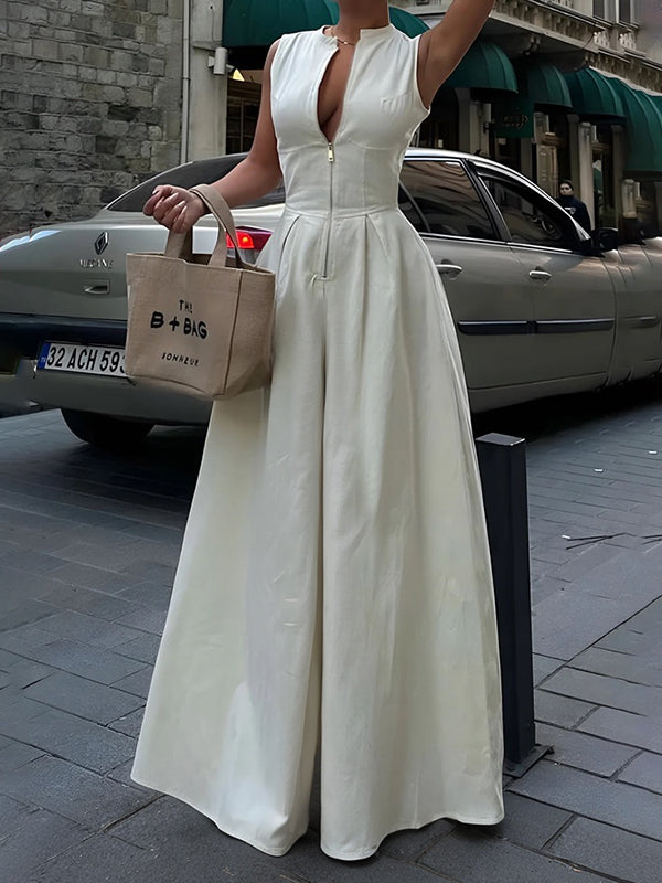 Sleeveless Maxi Dress With Stand Collar Exposed Front Zip Deep V-Neck Fitted Bodice And Full Skirt For Evening