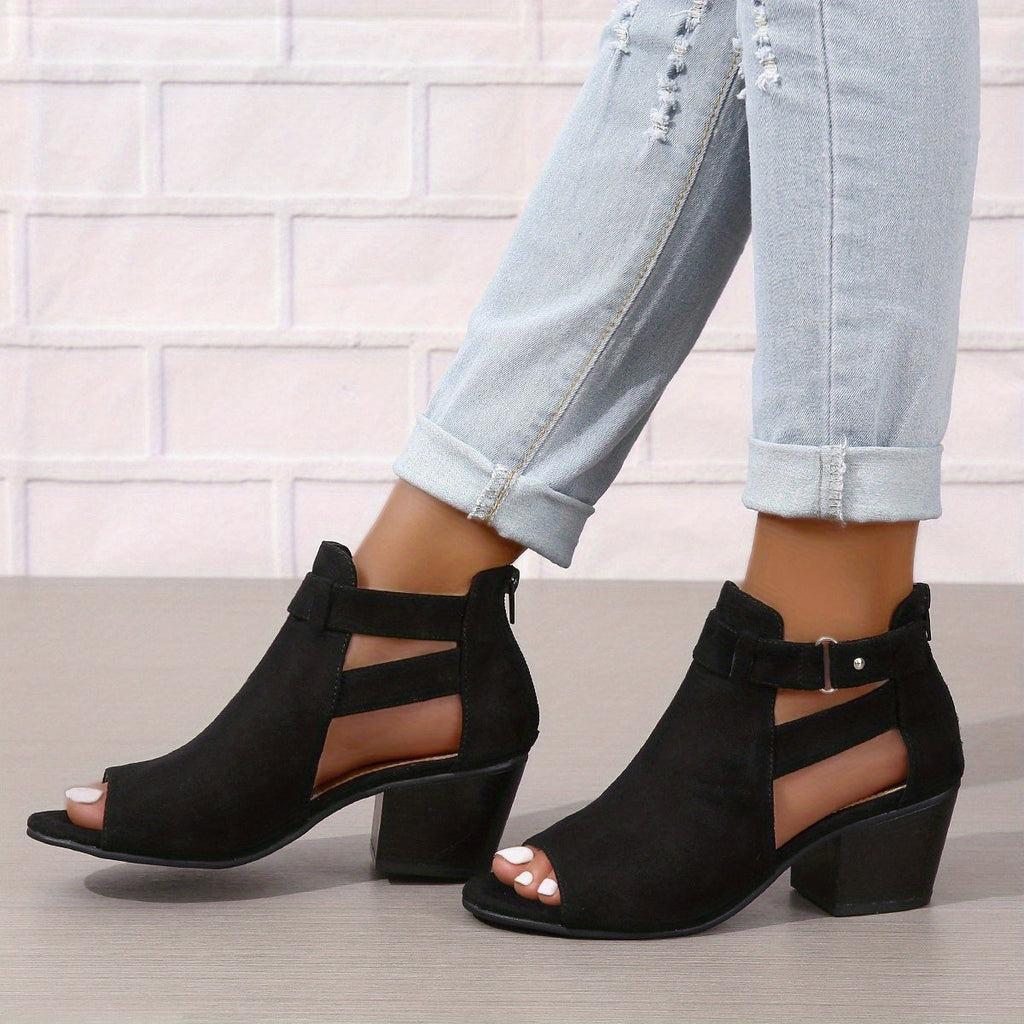 Women's Block Heel Sandals With Peep Toe, Cutout Ankle Design, And Buckle Strap