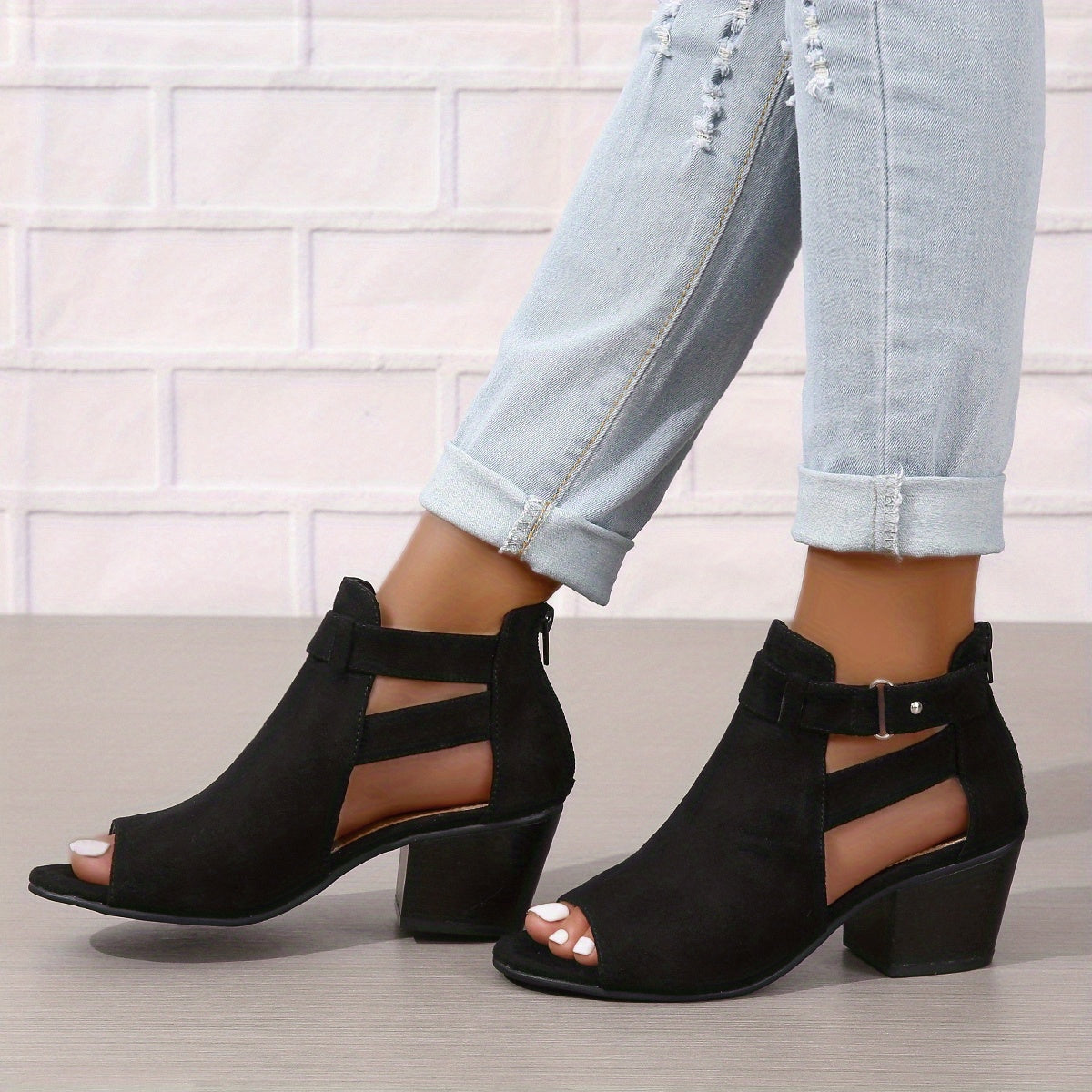 Women's Block Heel Sandals With Peep Toe, Cutout Ankle Design, And Buckle Strap