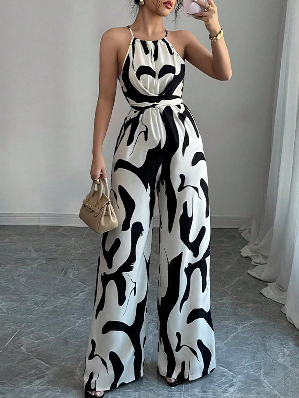 Women's Abstract Print Halter Neck Jumpsuit With Open Back Sleeveless Belted Wide-Leg For Evening Wear