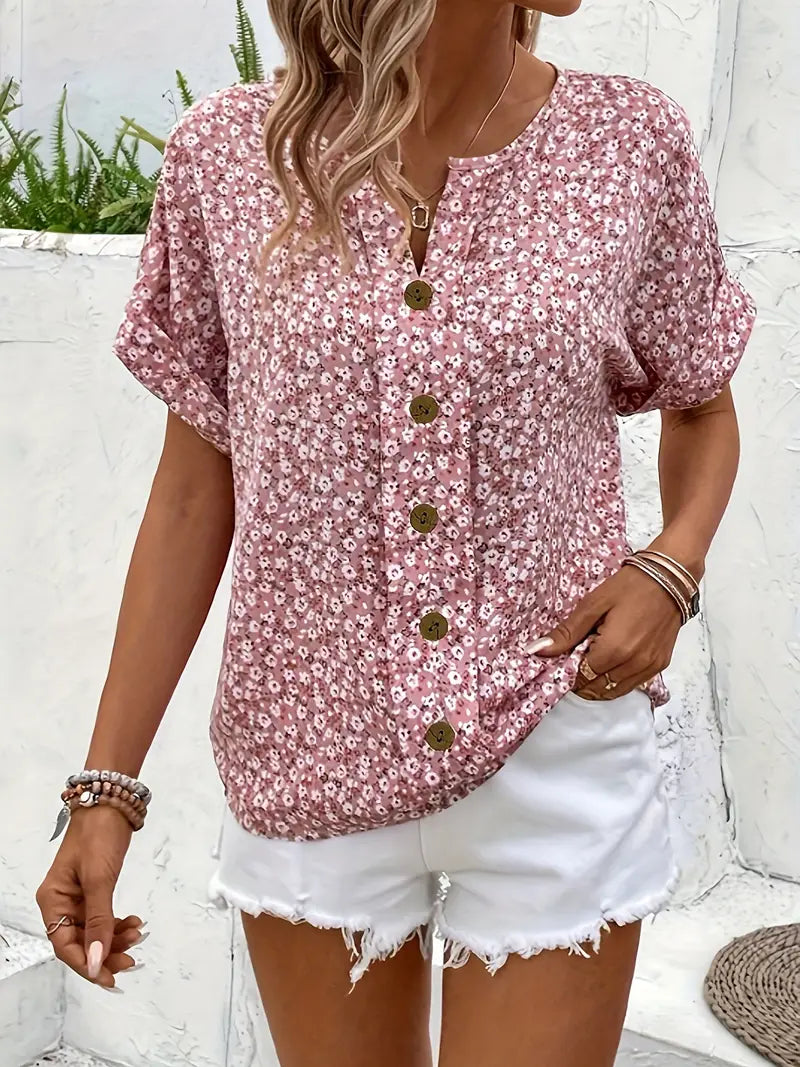 Floral Print Short Sleeve Button-Front Blouse For Women