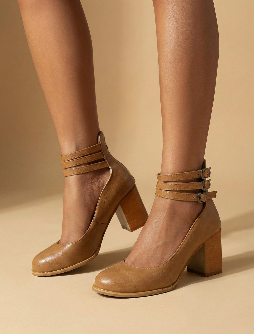 Astra Women's Block Heels With Round Toe Silhouette, Triple Ankle Straps And Buckle Closure