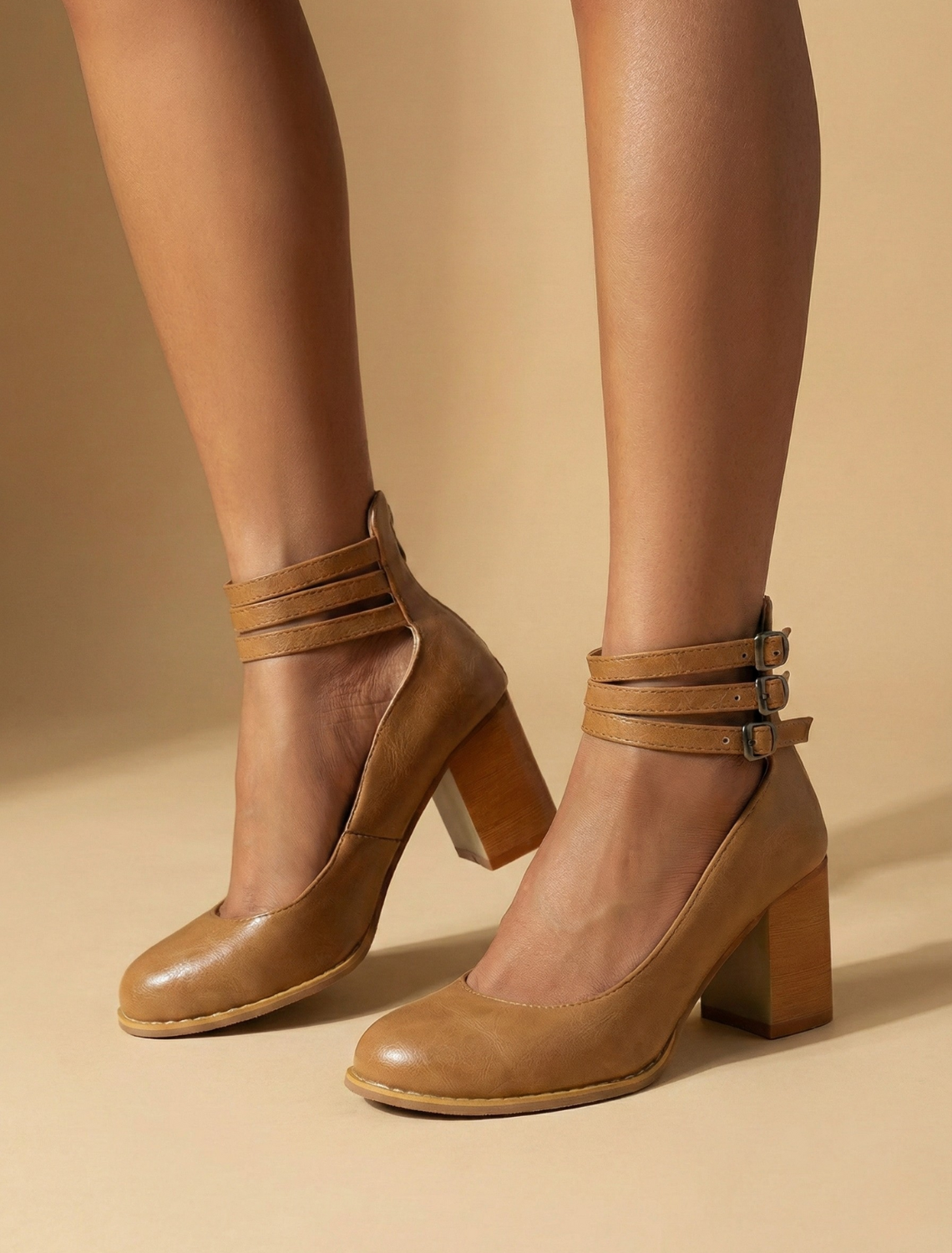 Astra Women's Block Heels With Round Toe Silhouette, Triple Ankle Straps And Buckle Closure