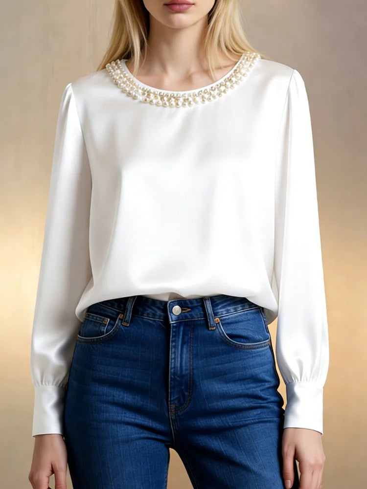 Elegant Embellished Satin Bishop Sleeve Blouse For Women With Pearl And Crystal Trim Details