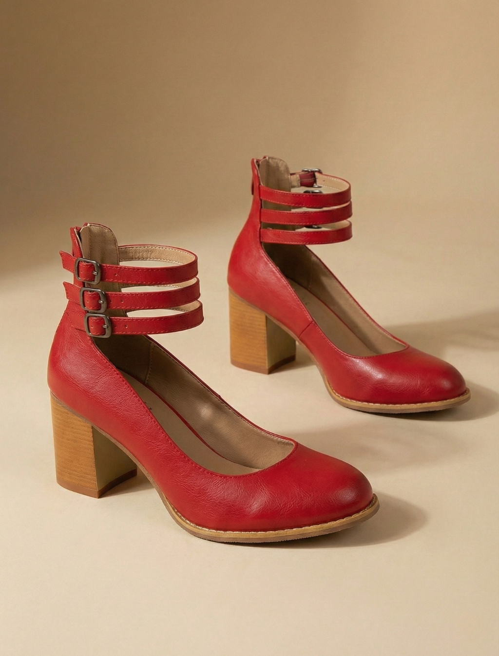 Astra Women's Block Heels With Round Toe Silhouette, Triple Ankle Straps And Buckle Closure