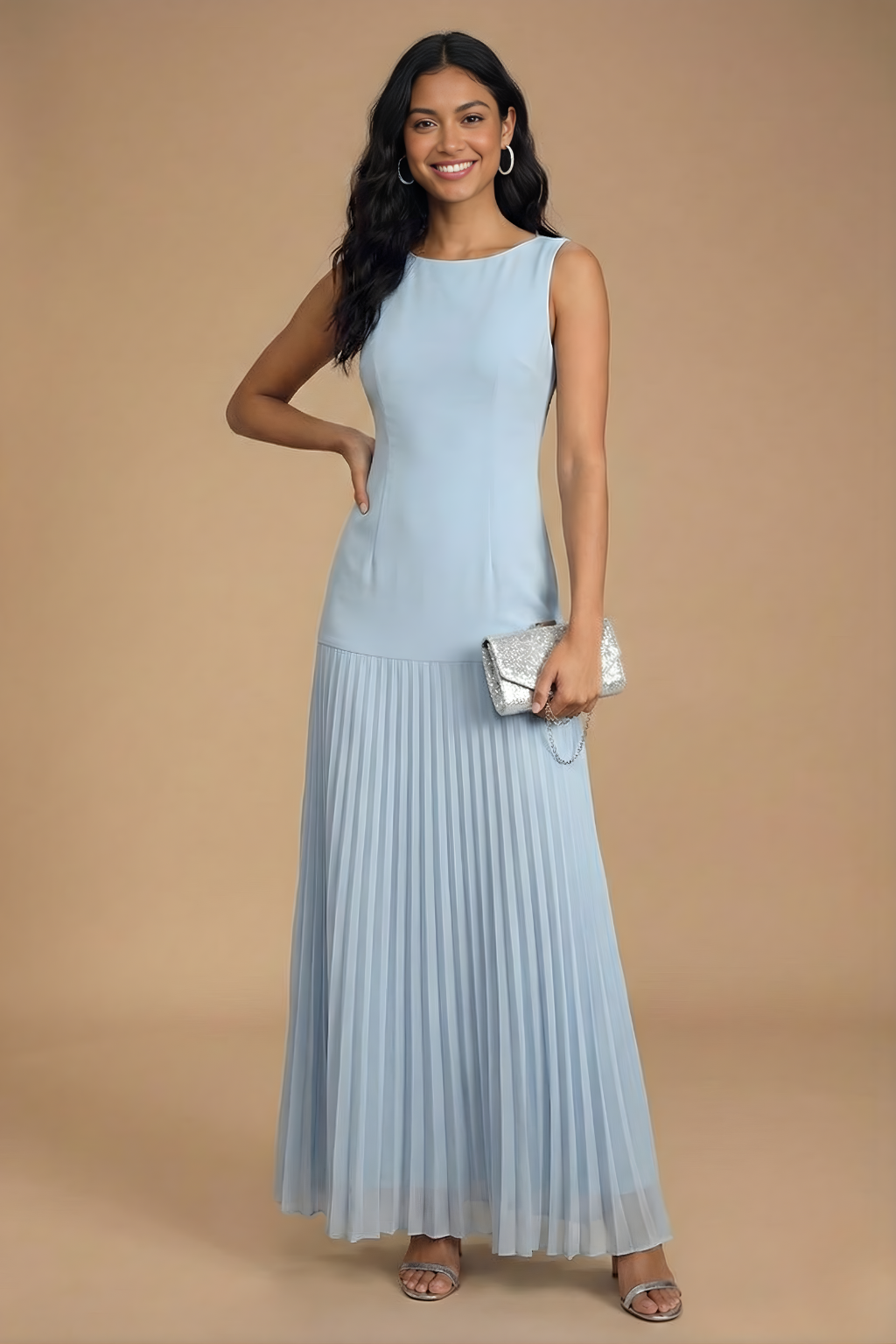 Elegant Sleeveless Boat-Neck Maxi Dress With A Fitted Bodice And Drop-Waist Pleated Silhouette For Evening Occasions