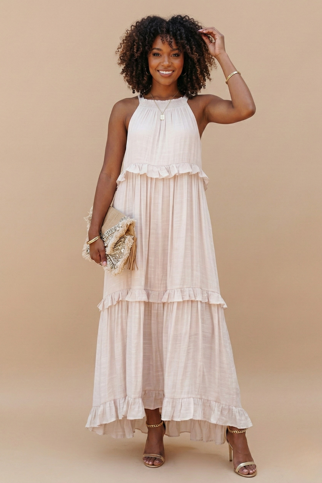 Women's Halter Neck Tiered Maxi Dress With Pockets, Flowy Ruffle Hem Summer Dress