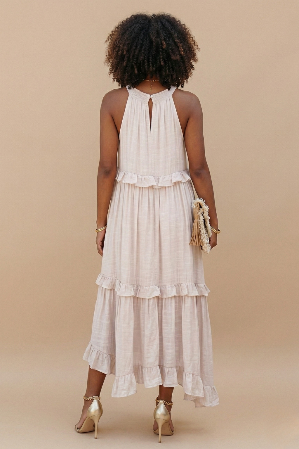 Women's Halter Neck Tiered Maxi Dress With Pockets, Flowy Ruffle Hem Summer Dress