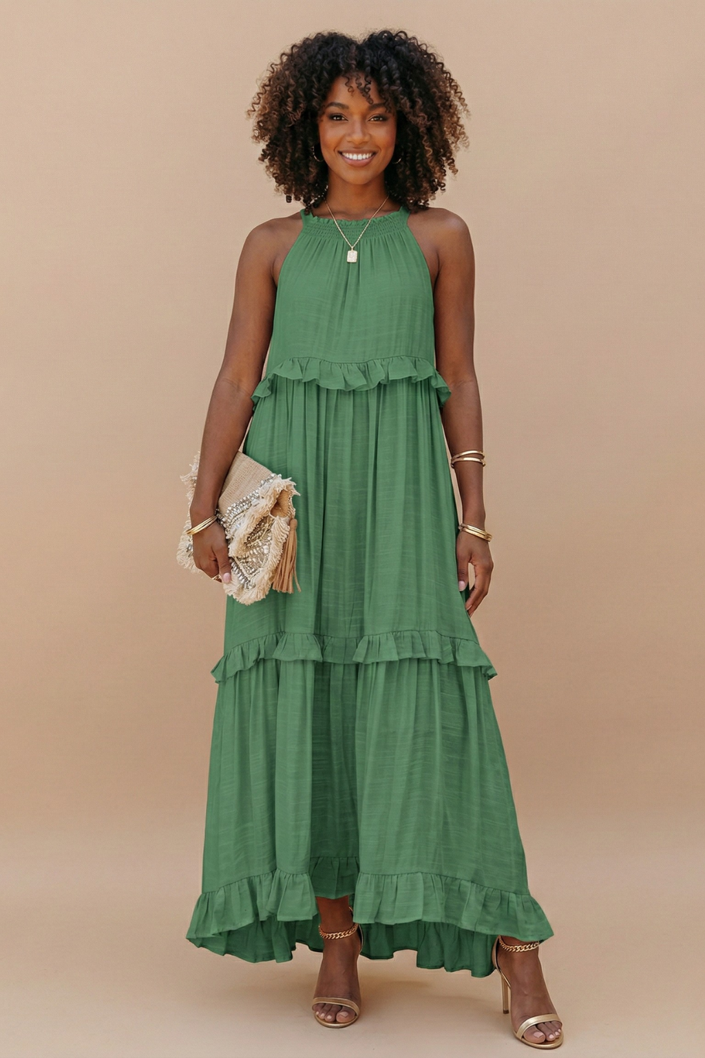 Women's Halter Neck Tiered Maxi Dress With Pockets, Flowy Ruffle Hem Summer Dress