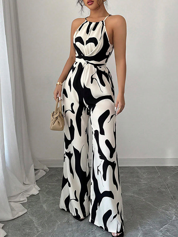 Women's Abstract Print Halter Neck Jumpsuit With Open Back Sleeveless Belted Wide-Leg For Evening Wear