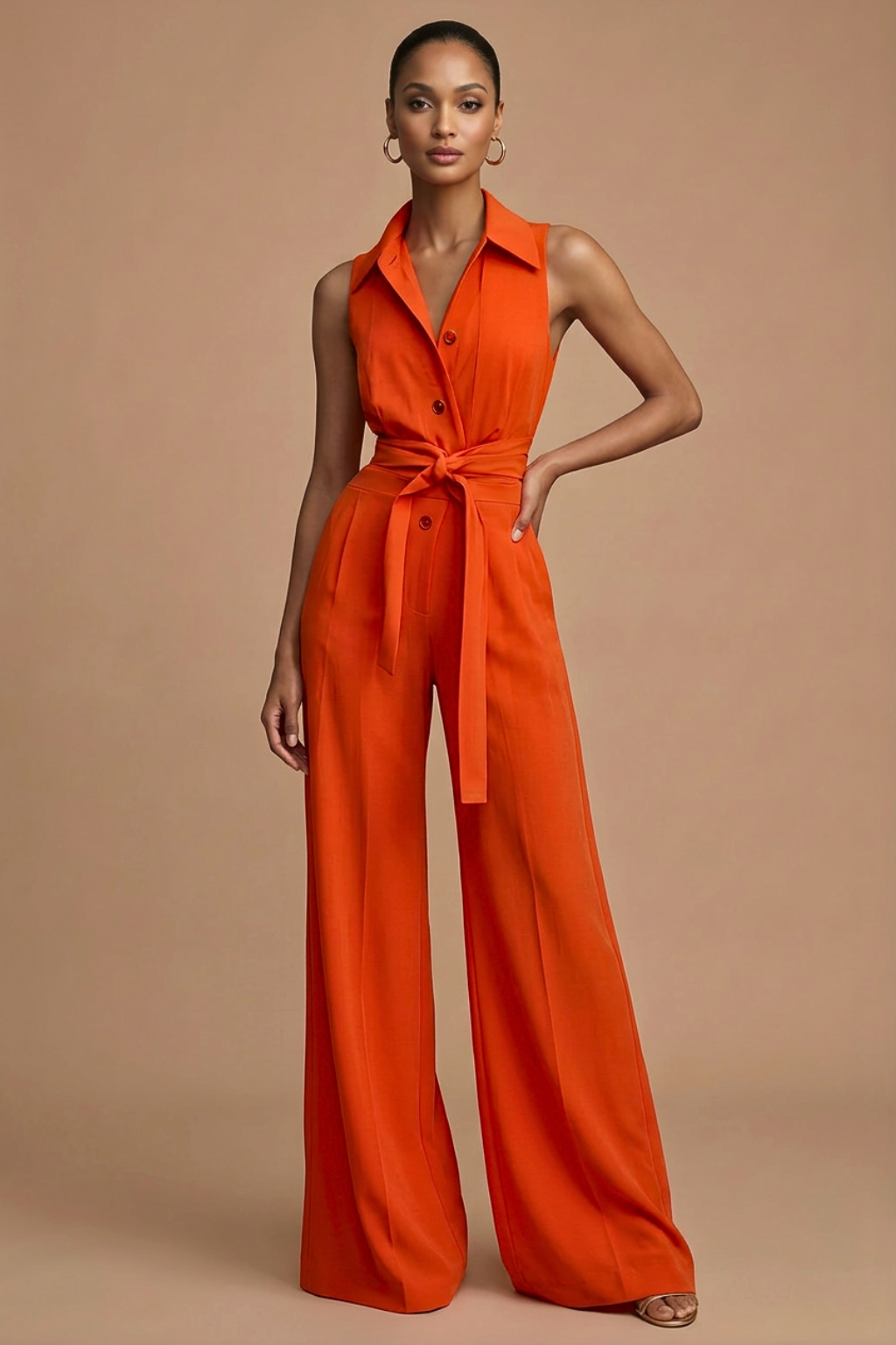 Women's Sleeveless Wide Leg Jumpsuit With Collar Neck And Button Front Closure And Waist Tie