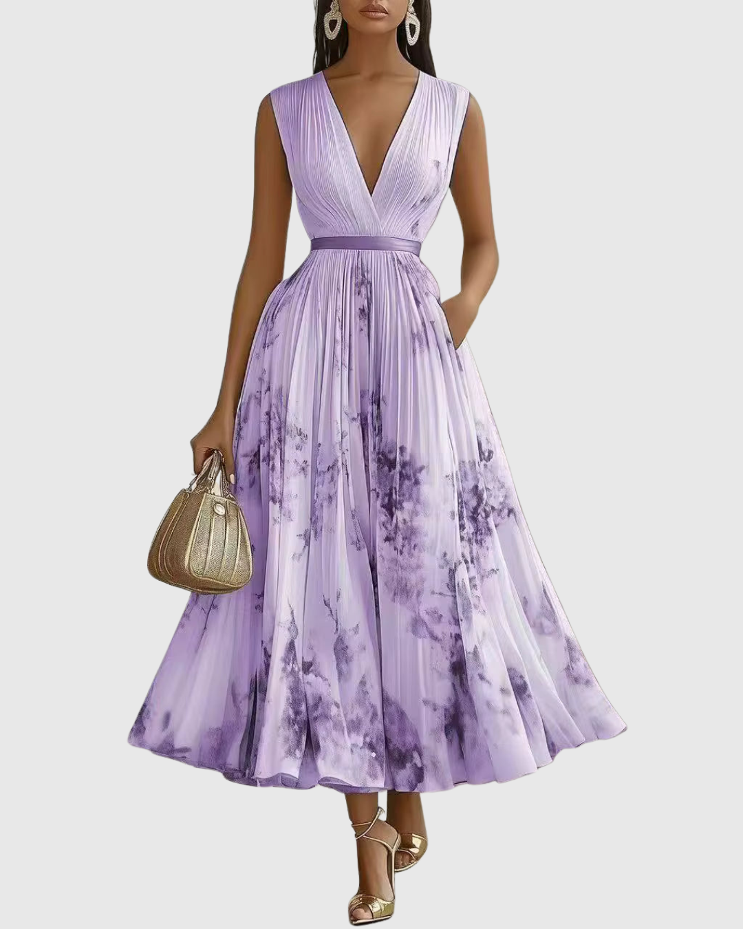 Women's Sleeveless Pleated Maxi Dress With V Neck and Waistband, Classic Maxi Silhouette
