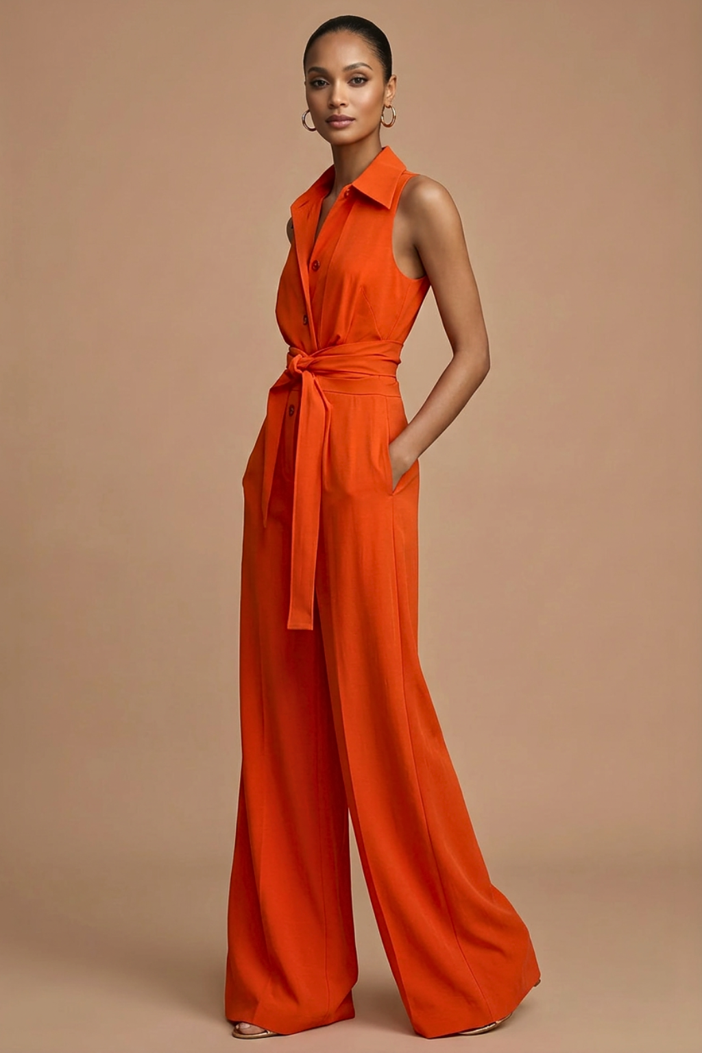 Women's Sleeveless Wide Leg Jumpsuit With Collar Neck And Button Front Closure And Waist Tie