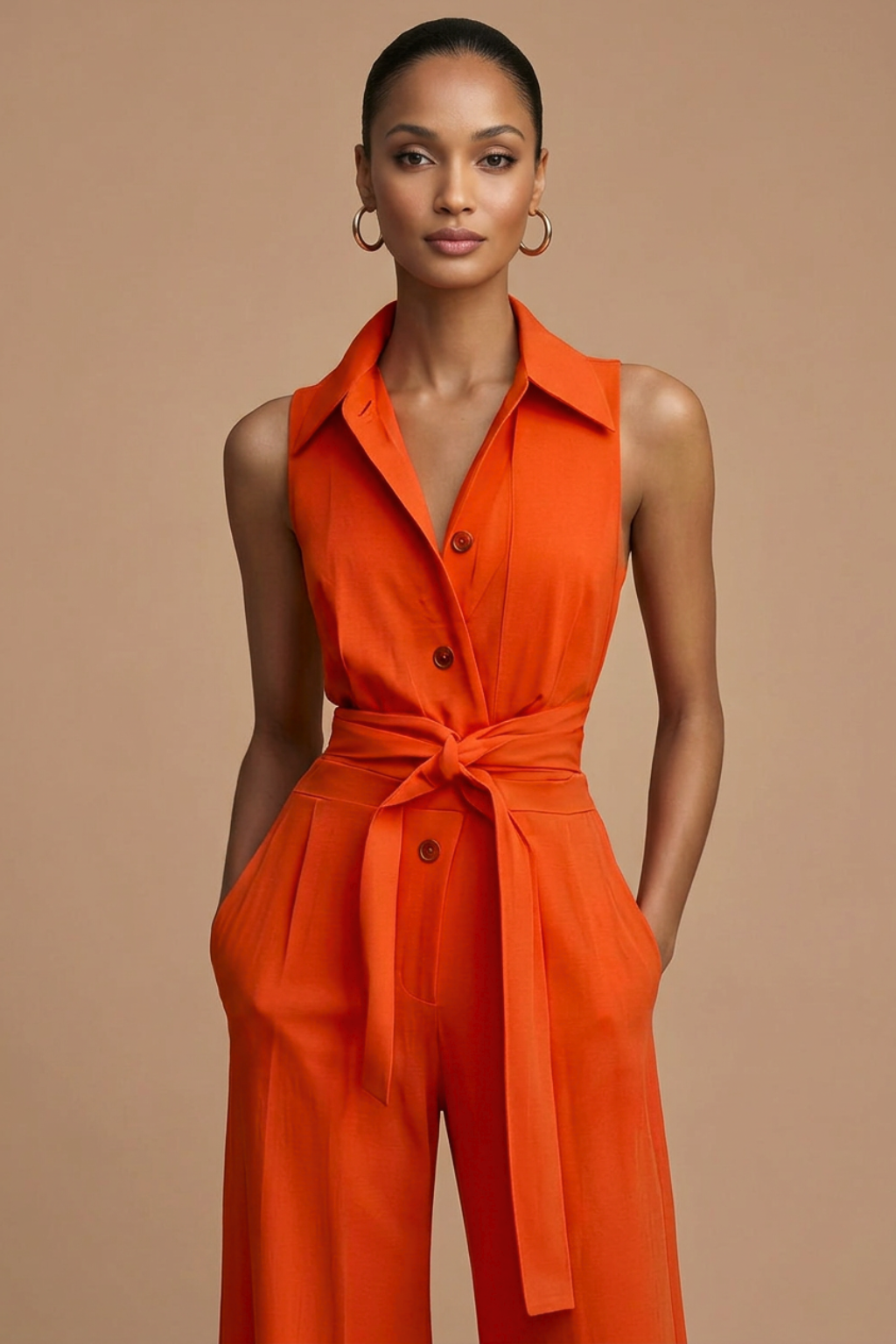 Women's Sleeveless Wide Leg Jumpsuit With Collar Neck And Button Front Closure And Waist Tie