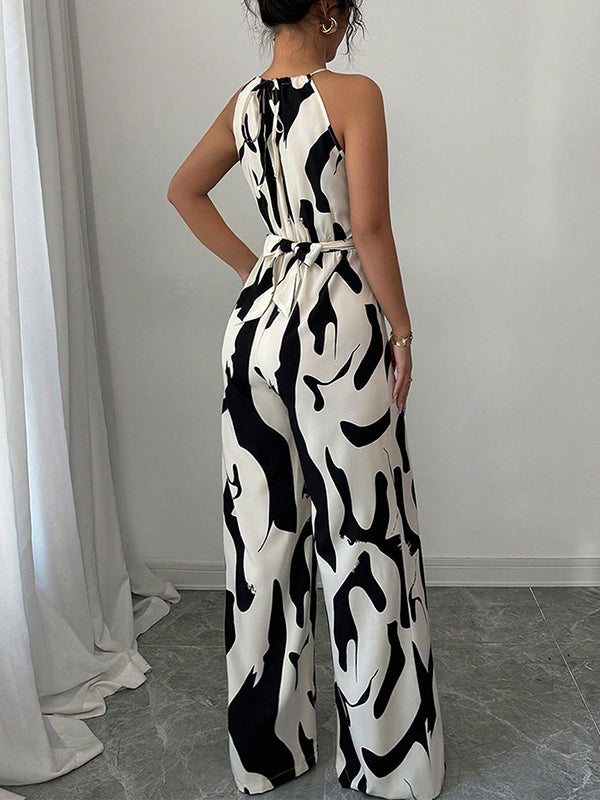 Women's Abstract Print Halter Neck Jumpsuit With Open Back Sleeveless Belted Wide-Leg For Evening Wear
