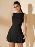 Women’s Sleeveless Ruched Mini Dress With A Ruffle Hem And A Fitted Classic Silhouette