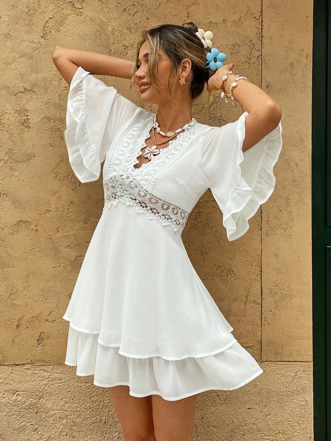 Women's Lace Trim V-Neck Mini Dress With Ruffle Hem For Elegant Everyday Wear Wardrobe Essential