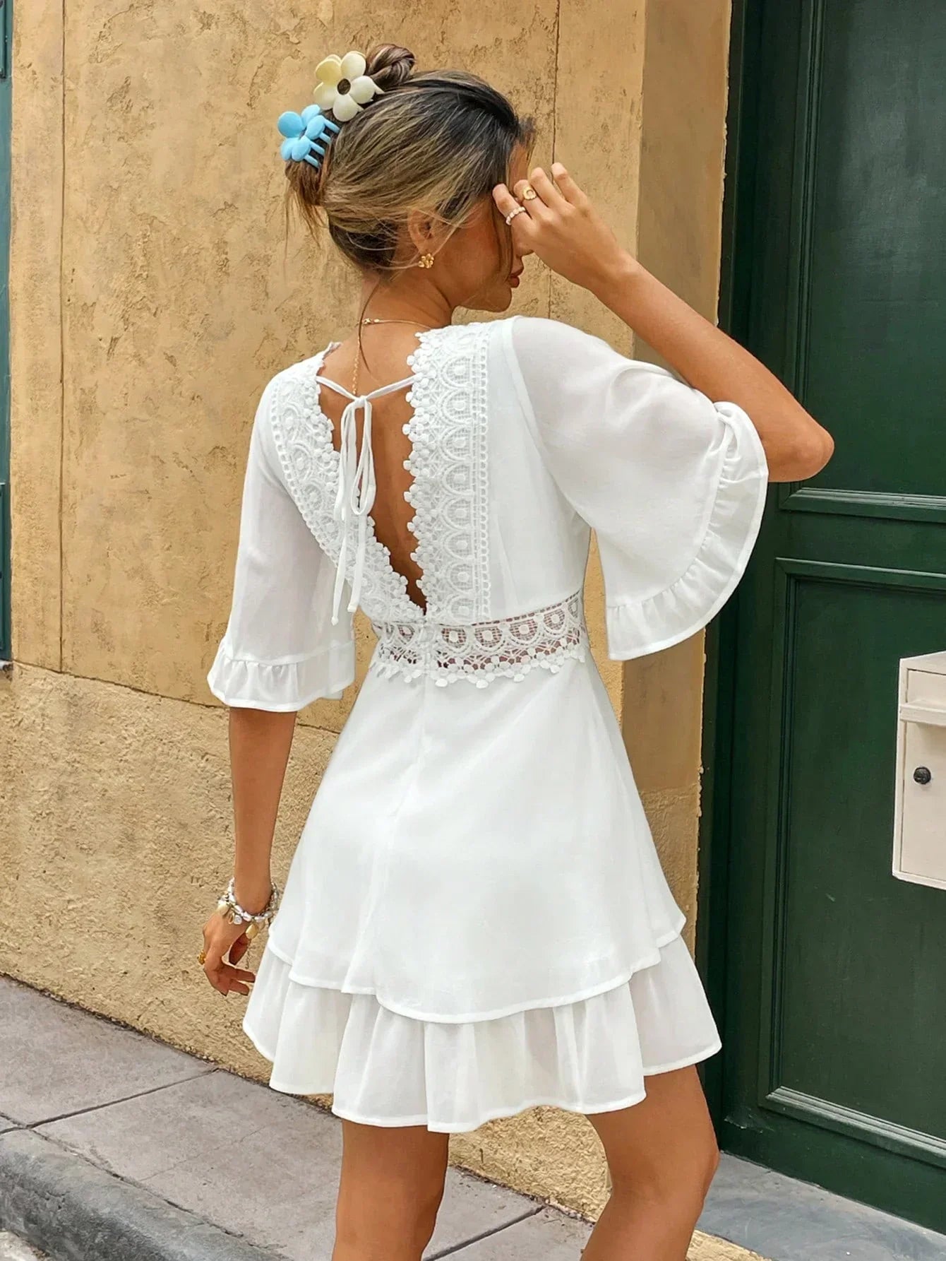 Women's Lace Trim V-Neck Mini Dress With Ruffle Hem For Elegant Everyday Wear Wardrobe Essential