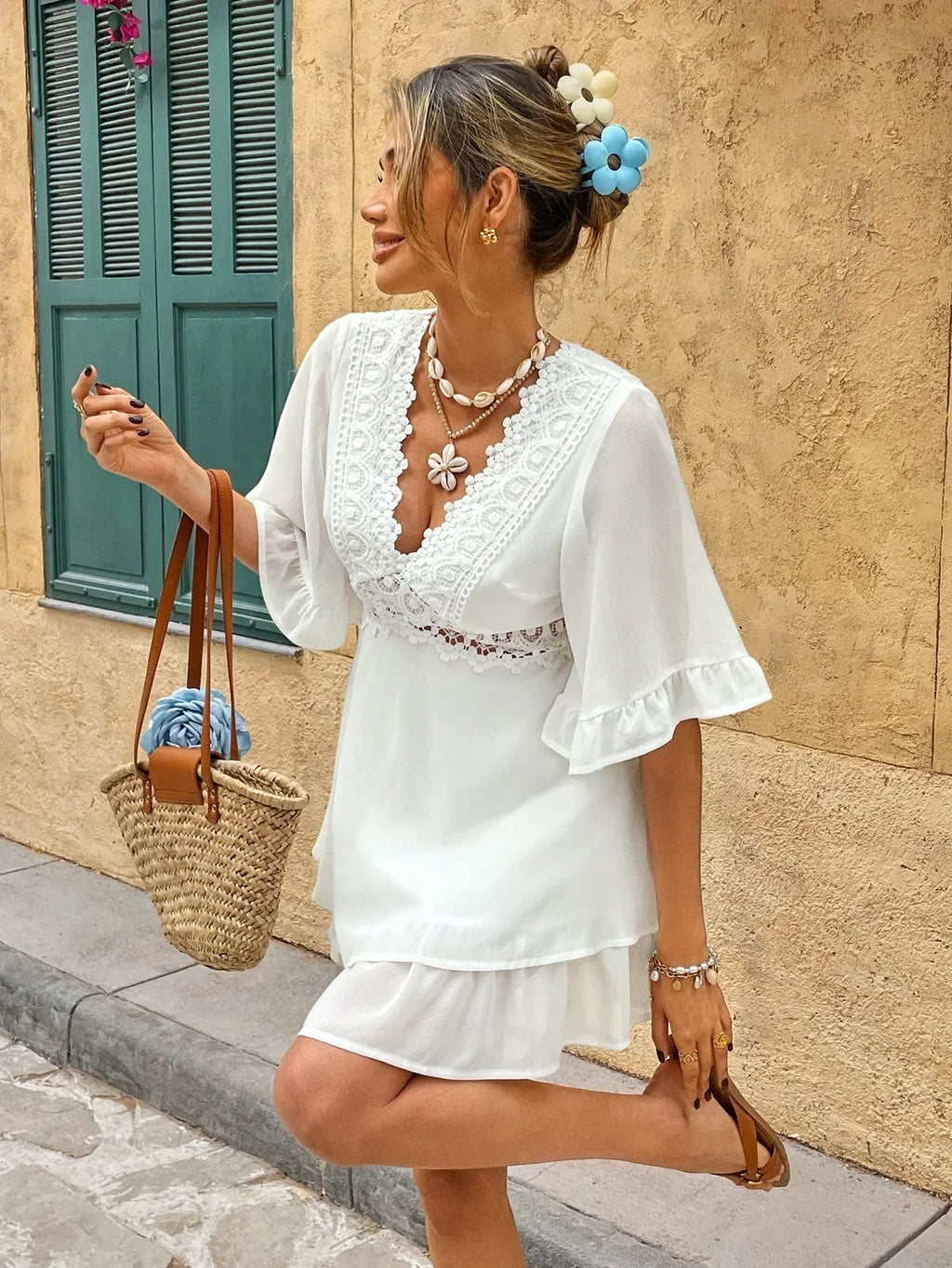Women's Lace Trim V-Neck Mini Dress With Ruffle Hem For Elegant Everyday Wear Wardrobe Essential