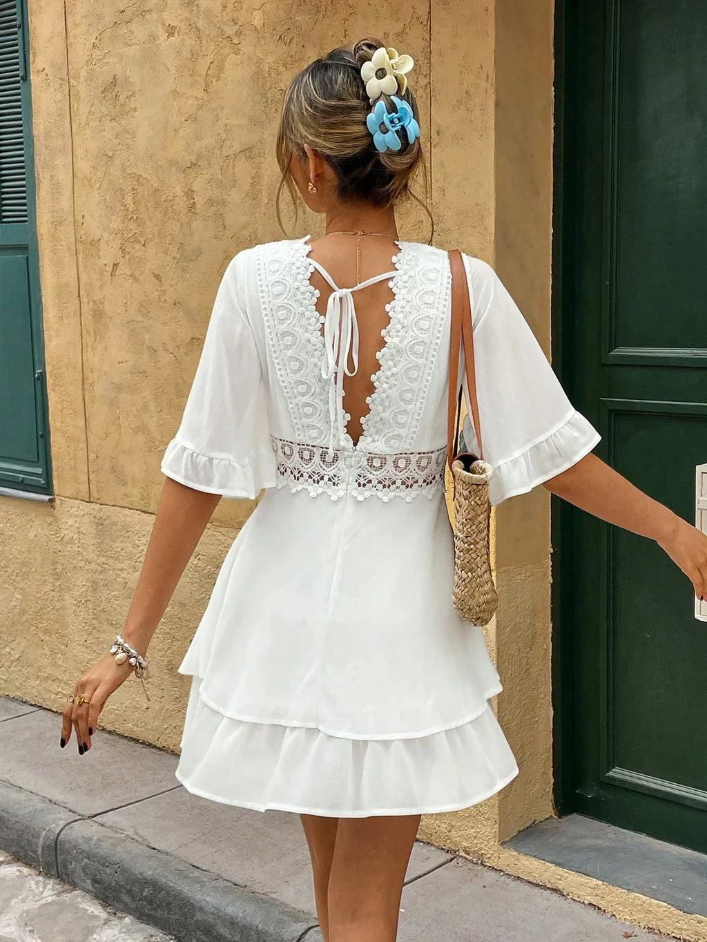 Women's Lace Trim V-Neck Mini Dress With Ruffle Hem For Elegant Everyday Wear Wardrobe Essential