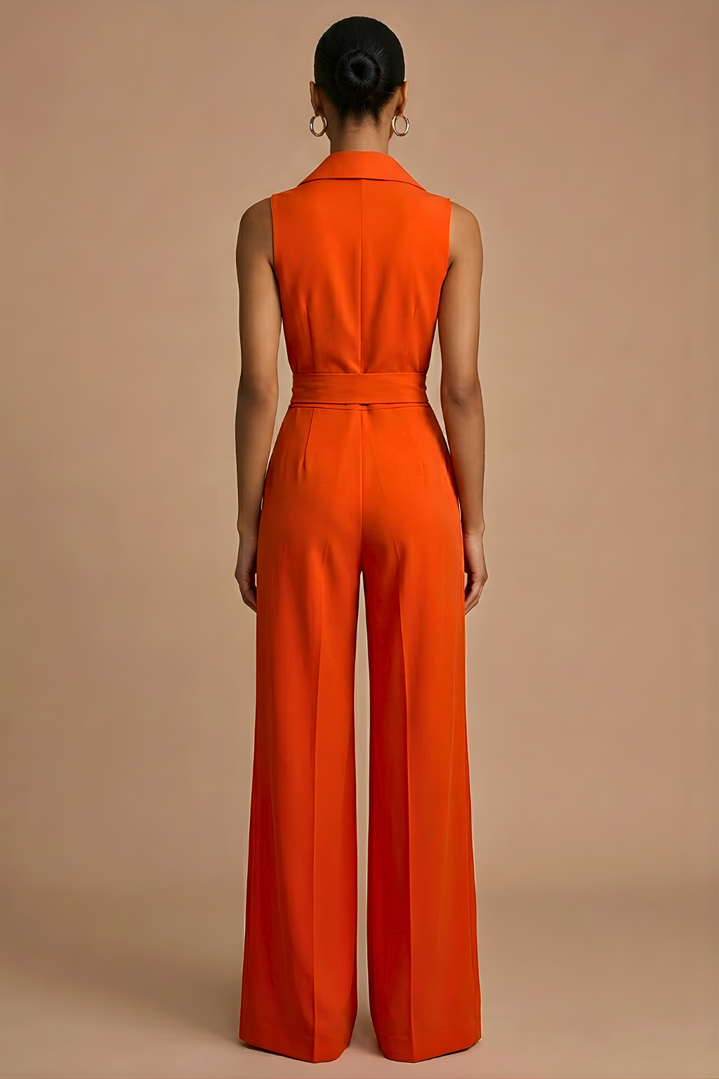 Women's Sleeveless Wide Leg Jumpsuit With Collar Neck And Button Front Closure And Waist Tie