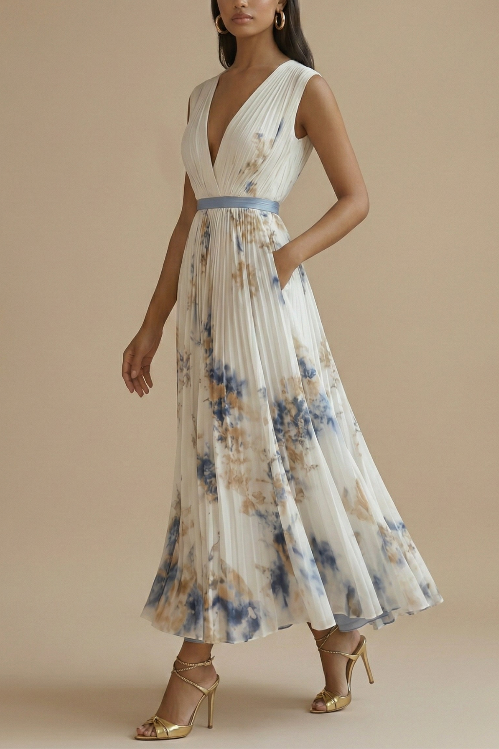 Women's Sleeveless Pleated Maxi Dress With V Neck and Waistband, Classic Maxi Silhouette