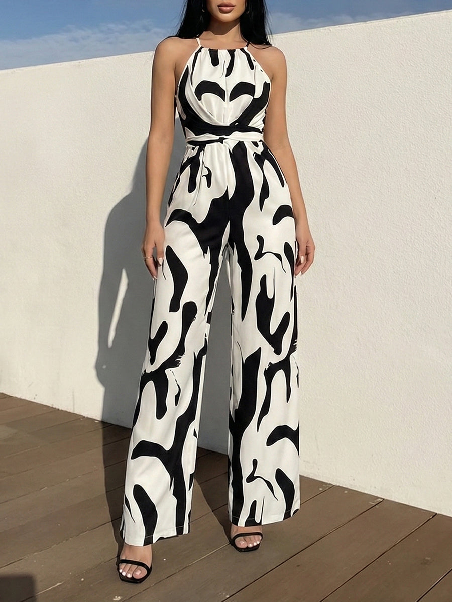 Women's Abstract Print Halter Neck Jumpsuit With Open Back Sleeveless Belted Wide-Leg For Evening Wear
