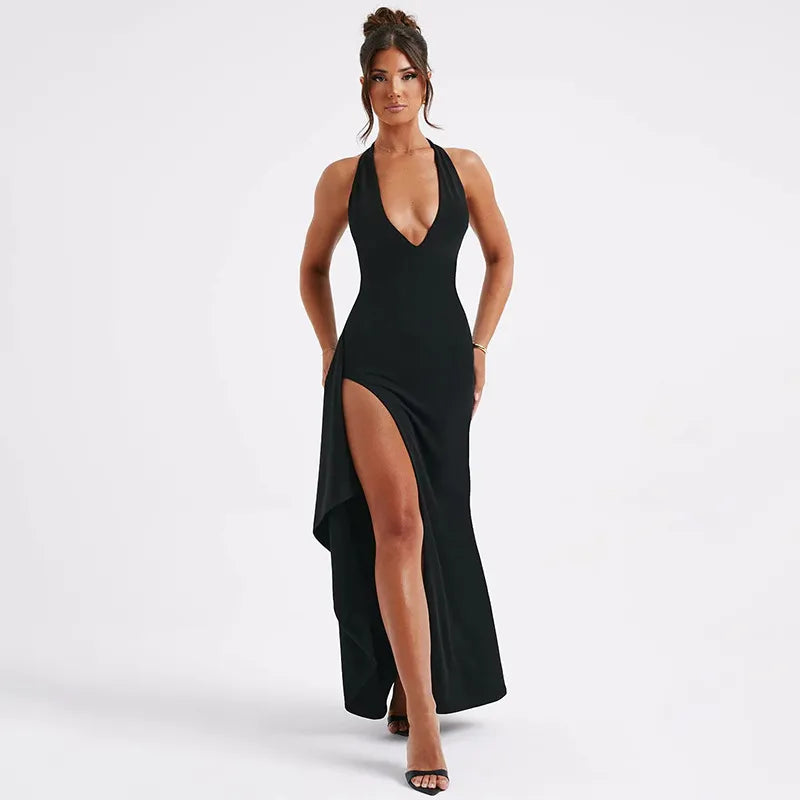 Women's Halter Neck Maxi Dress With Deep Plunge V-Neck, Open Back, And High Front Split