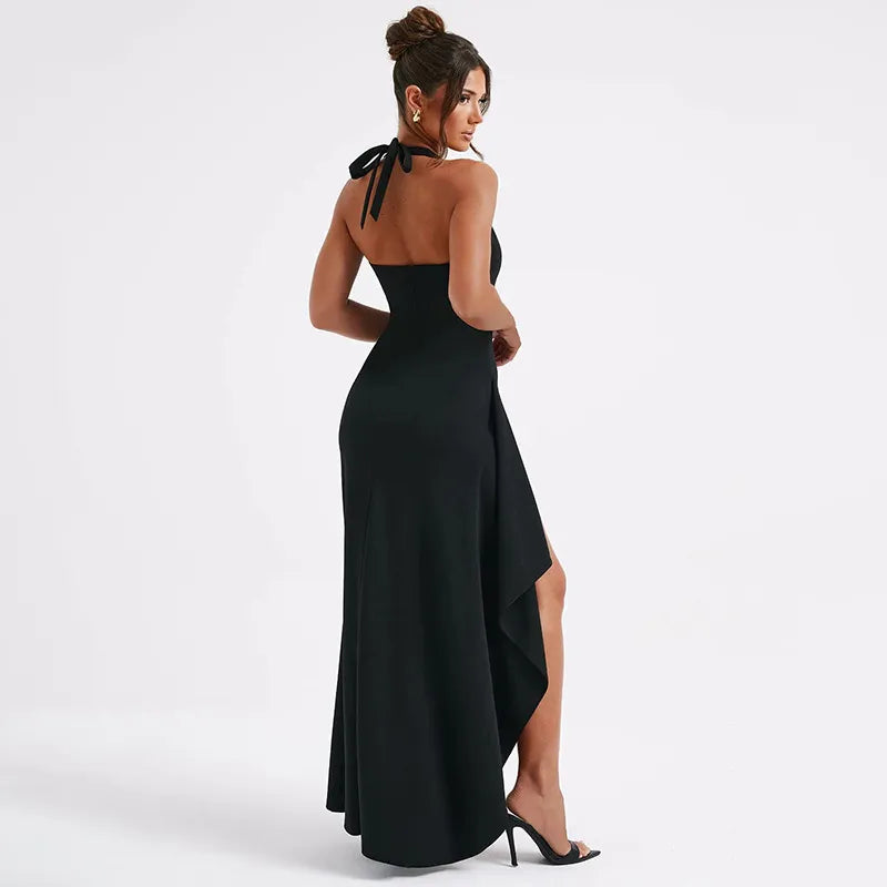 Women's Halter Neck Maxi Dress With Deep Plunge V-Neck, Open Back, And High Front Split