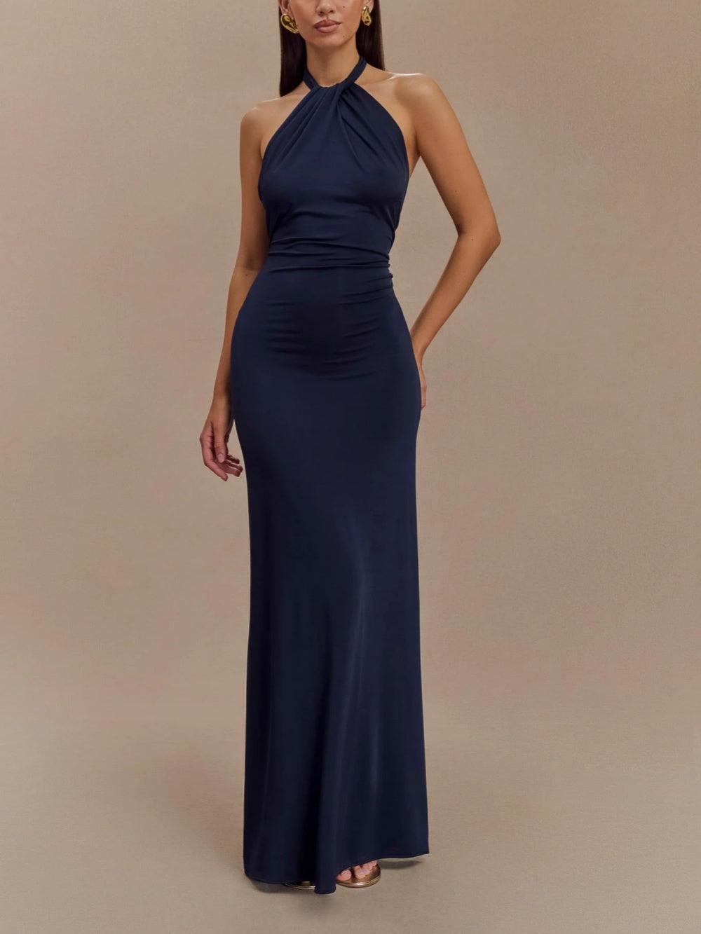 Women's Elegant Halter Neck Maxi Dress With Twisted Knot Detail, Open Low Back, Bodycon Silhouette