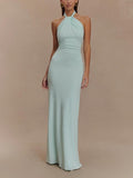 Women's Elegant Halter Neck Maxi Dress With Twisted Knot Detail, Open Low Back, Bodycon Silhouette