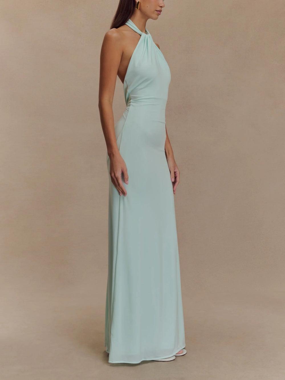Women's Elegant Halter Neck Maxi Dress With Twisted Knot Detail, Open Low Back, Bodycon Silhouette