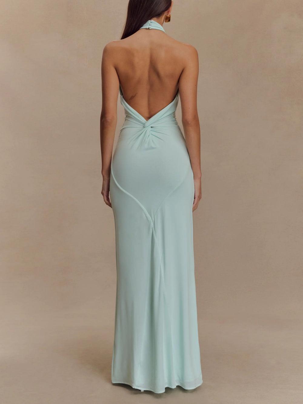 Women's Elegant Halter Neck Maxi Dress With Twisted Knot Detail, Open Low Back, Bodycon Silhouette