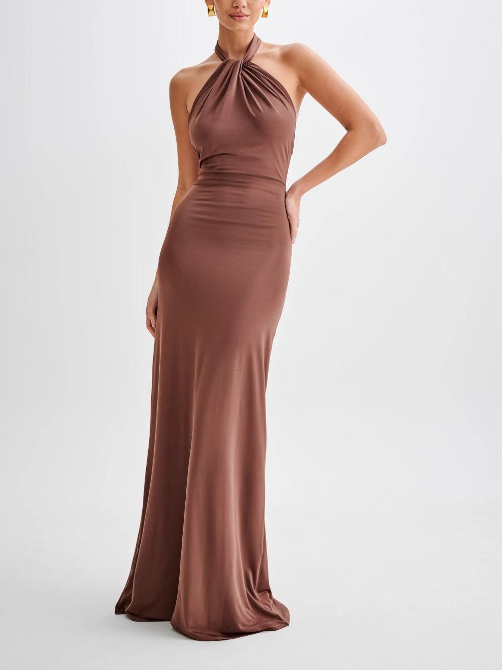Women's Elegant Halter Neck Maxi Dress With Twisted Knot Detail, Open Low Back, Bodycon Silhouette
