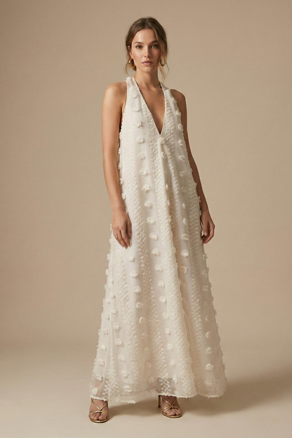 Women's Textured Halter Backless Maxi Dress With 3D Applique Detailing For Sophisticated Style