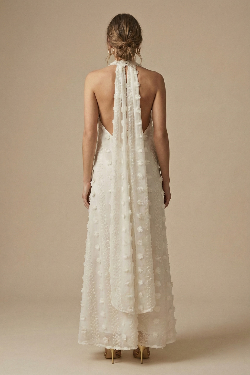 Women's Textured Halter Backless Maxi Dress With 3D Applique Detailing For Sophisticated Style