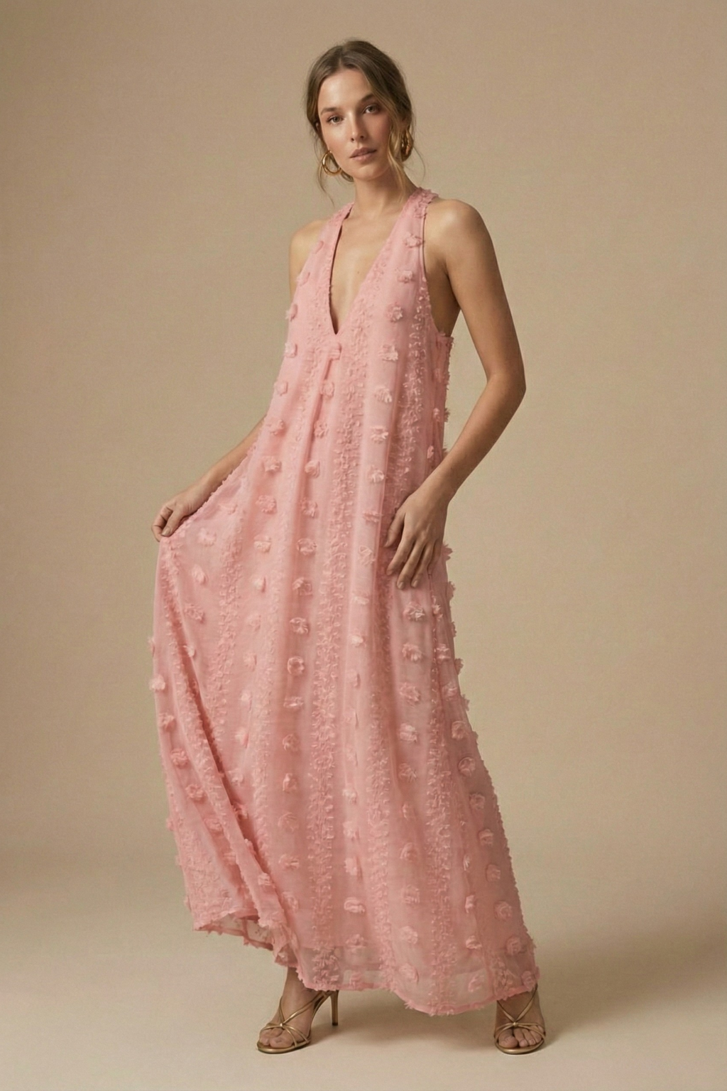 Women's Textured Halter Backless Maxi Dress With 3D Applique Detailing For Sophisticated Style