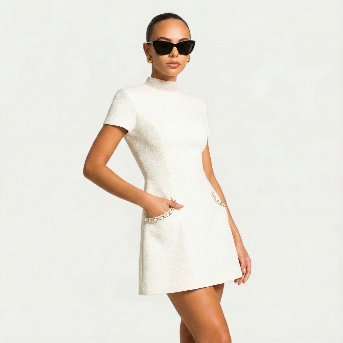 Women's Mini Dress With Pearl Trim And Pocket Detailing For A Polished Look And Modern Fit