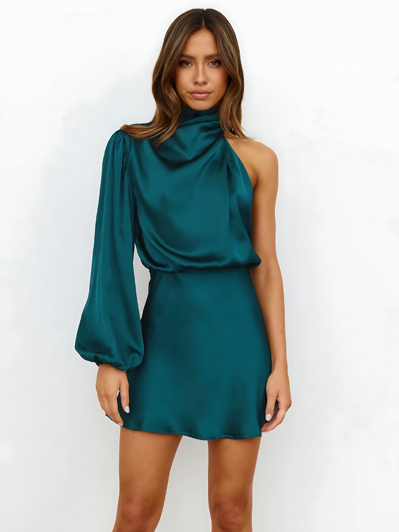 Women's Satin Mini Dress With One Shoulder, High Neck Draped Collar And Long Sleeve, Formal Mini Dress