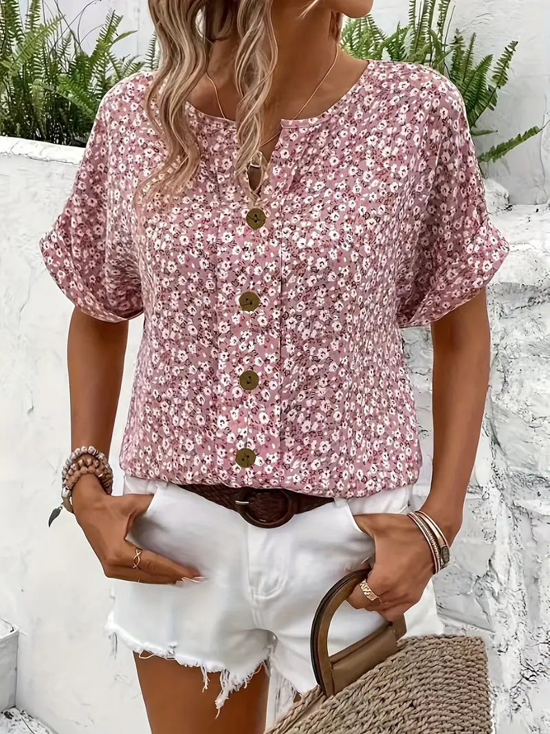 Floral Print Short Sleeve Button-Front Blouse For Women