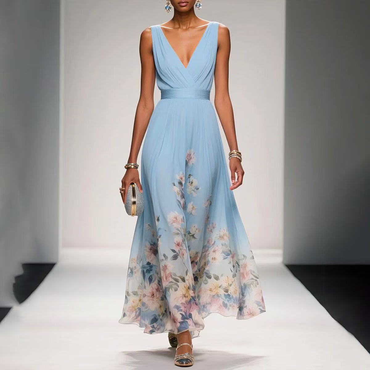Women's Floral Border Print Sleeveless Maxi Dress With Deep V-Neck And Flowing A-Line Silhouette