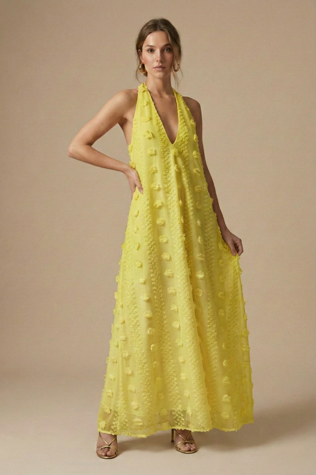Women's Textured Halter Backless Maxi Dress With 3D Applique Detailing For Sophisticated Style