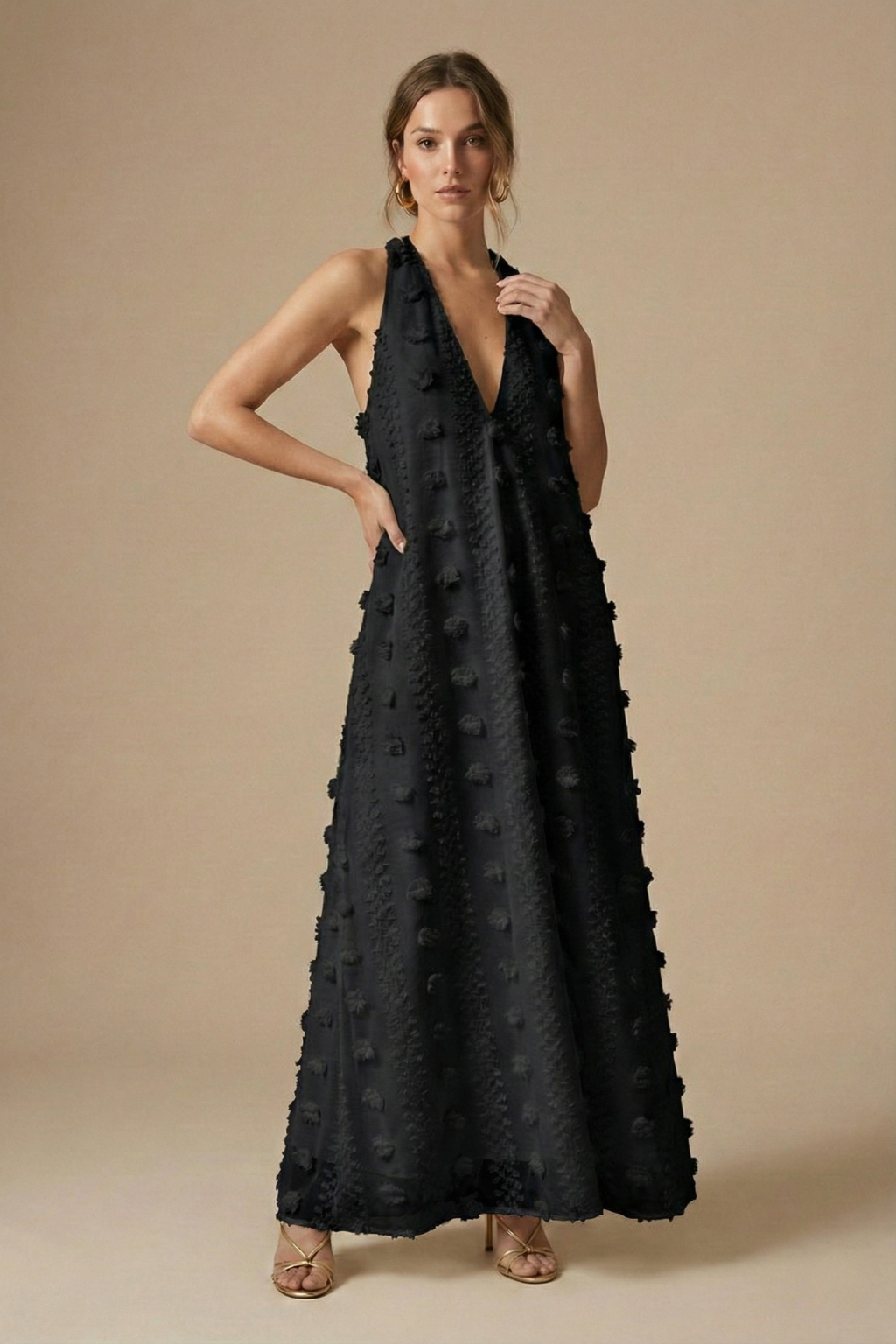 Women's Textured Halter Backless Maxi Dress With 3D Applique Detailing For Sophisticated Style