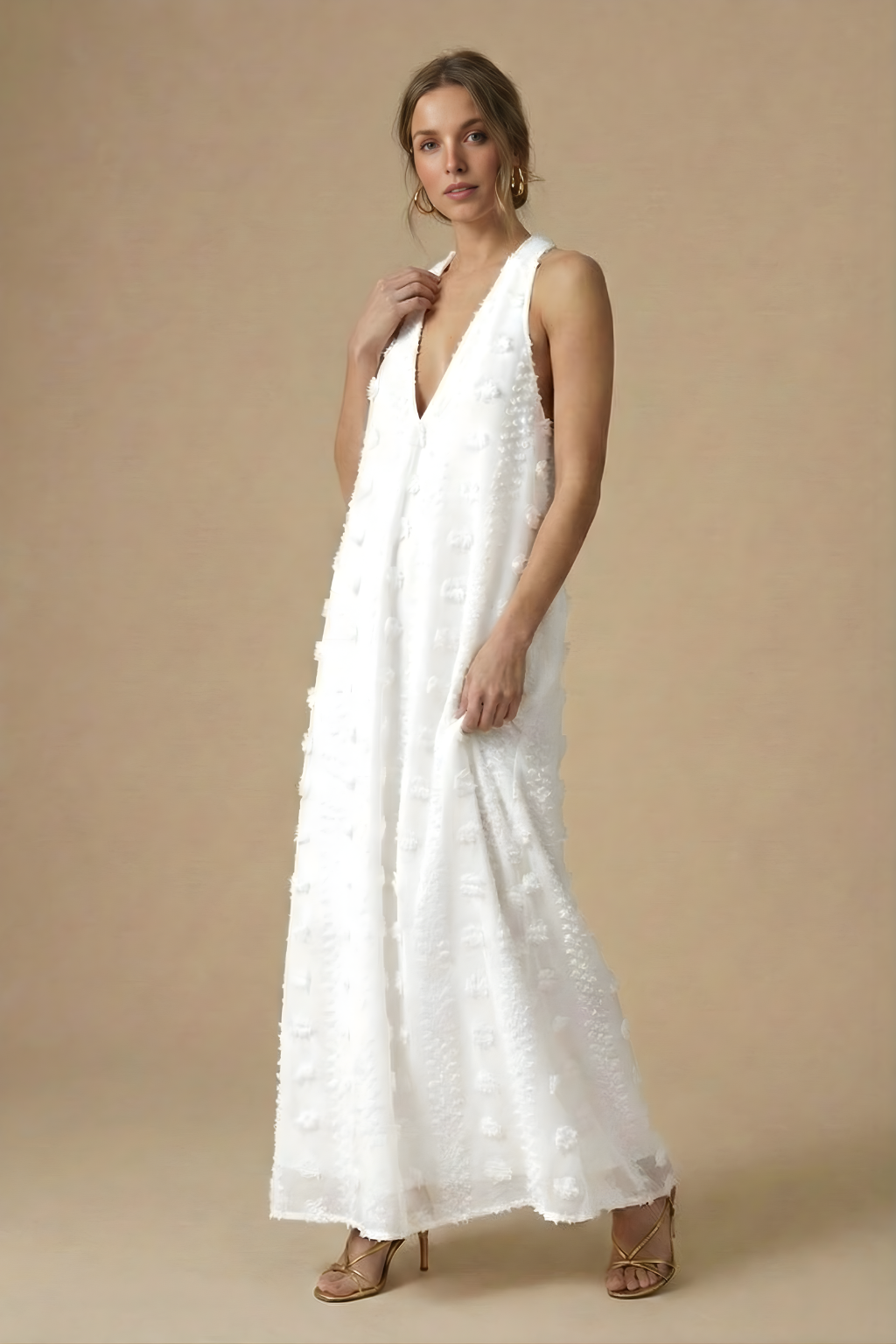 Women's Textured Halter Backless Maxi Dress With 3D Applique Detailing For Sophisticated Style