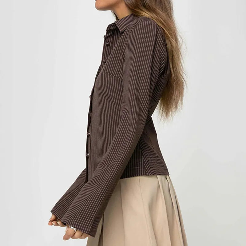 Women's Ribbed Stripe Button-Through Blouse With Long Flared Sleeve And Point Collar