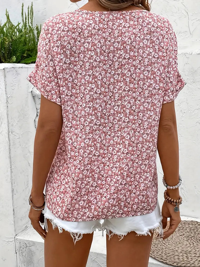 Floral Print Short Sleeve Button-Front Blouse For Women