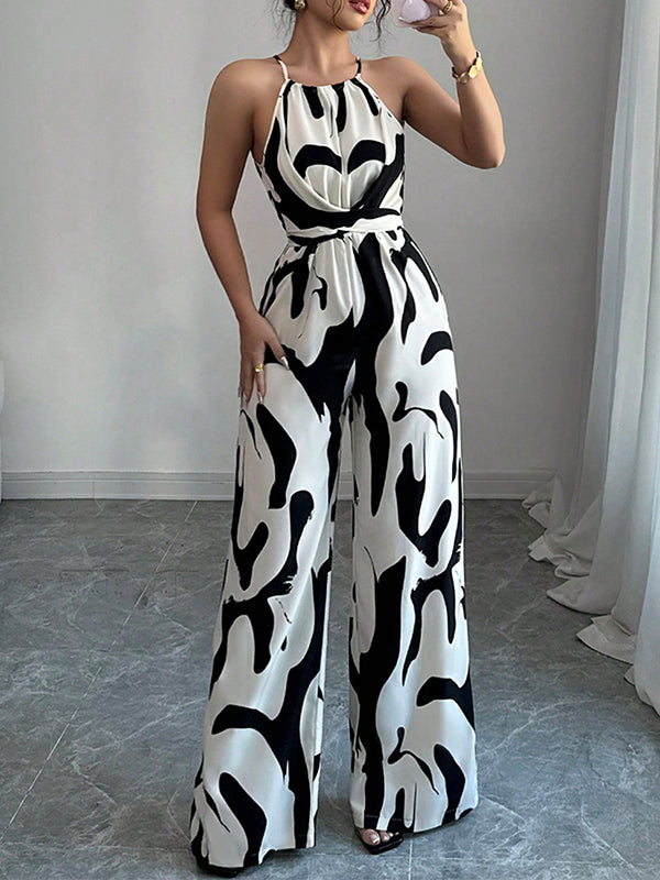 Women's Abstract Print Halter Neck Jumpsuit With Open Back Sleeveless Belted Wide-Leg For Evening Wear