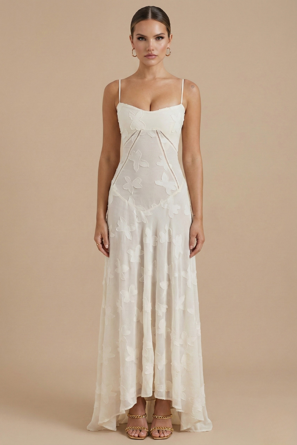 Women's Floral Maxi Dress With Spaghetti Strap And Lace Overlay At Sweetheart Neckline