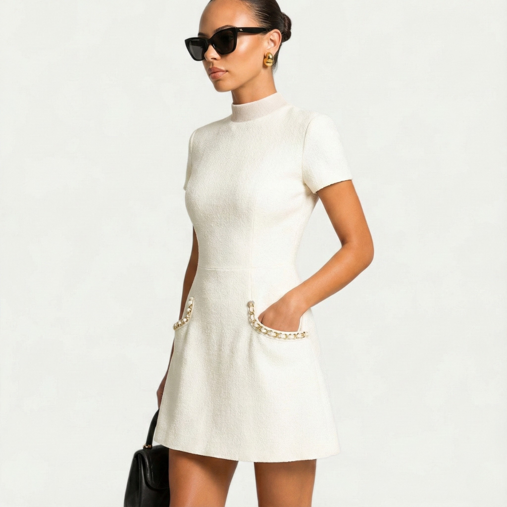 Women's Mini Dress With Pearl Trim And Pocket Detailing For A Polished Look And Modern Fit