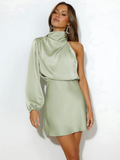 Women's Satin Mini Dress With One Shoulder, High Neck Draped Collar And Long Sleeve, Formal Mini Dress
